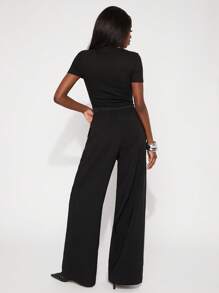 NYA SZN 裤子春季松紧腰阔腿裤节日夏季商务休闲早午餐可爱办公室西服婚礼宾客特殊场合女士服装 - 黑色 - 查看 4