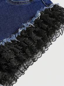 ROMWE Kawaii Pantalones cortos vaqueros de mujer con detalles de encaje, lazo y talle ultra bajo minimalista y sexy estilo Y2K - Azul - Ver 3