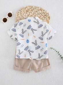 Cozy Pixies 2pcs Baby Boy Cartoon Animal Print Polo Collar Short Sleeve Top And Elastic Waist Shorts Set - Khaki - View 2