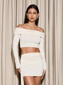 AiiRZ Elegant Off-Shoulder Crop Top And Mini Skirt Set Party Club Evening Bodycon Two-Piece Outfit With Long Sleeves Formal Event Wedding Guest Outfit - Apricot - View 3