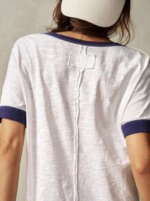 Bohemela Casual Contrast Color Knitted Half-Open Placket Short-Sleeved Fitted Washed Plus Size T-Shirt,Vintage - Blue and White - View 7