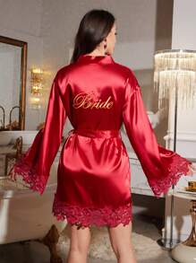 LuxeNights Embroidered Text Lace Trim Satin Sexy Women Robe