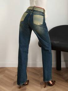 EURMUSE Vintage Washed High Waist Straight Leg Jeans - Medium Wash - View 2