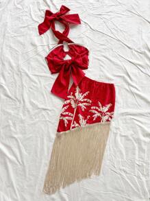 SHEIN WYWH 2pcs/Set Vacation Coconut Tree Silhouette Strap Tank Top And Tassel Mini Skirt