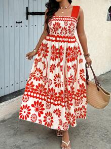 SHEIN Clasi Flowers Birds Plus Size Boho Floral Printed Casual Wide Strap Dress, Minimalist & Stylish For Daily Wear, For Summer Tropical Colorblock Floral Print Vacation Fashionable Style - Multicolor - View 6