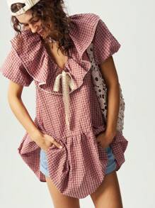 Bohemela 女士纯色拼接短袖褶边休闲短裙 - 黑色 - 查看 2