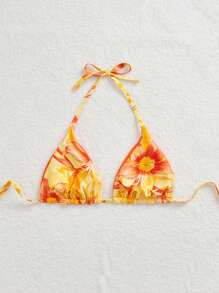 Swim Mod Plus Size Women Floral Print Sexy Triangle Bikini Top, Vacation Swimwear, For Summer Beach