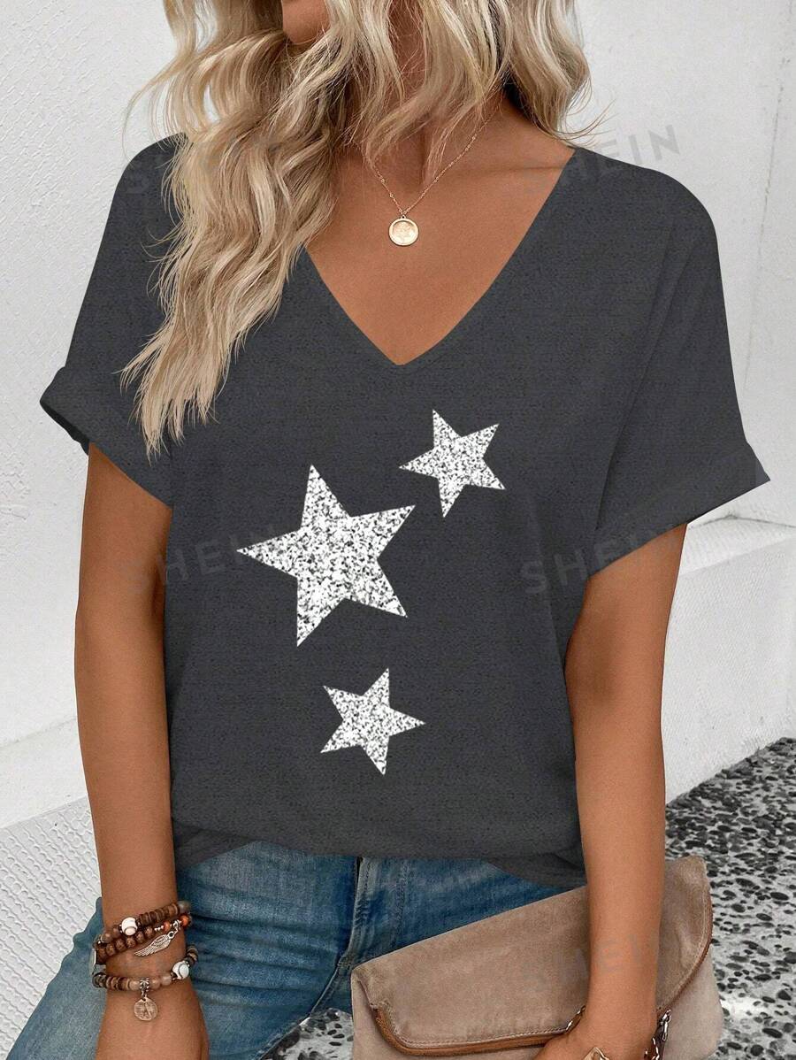 SHEIN Camiseta holgada y versátil de mujer con cuello en V, mangas vueltas y estampado de estrellas, para primavera y verano