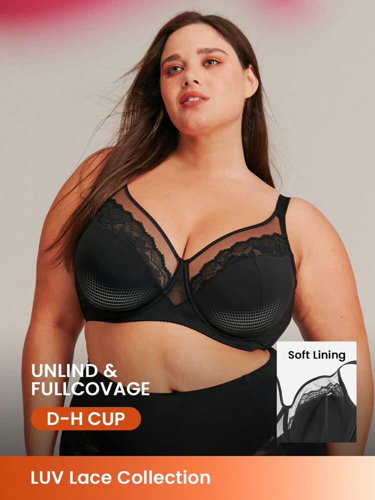Plus Full Coverage Unlined Mesh & Lace Bra