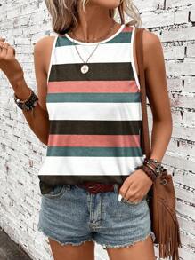 SHEIN LUNE Casual Striped Pattern Round Neck Tank Top For Women, Suitable For Summer - Multicolor - View 5