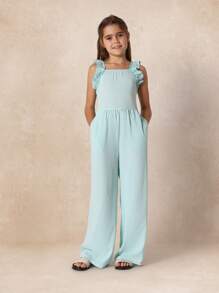 SUMWON Mono de verano con volantes en los tirantes, pierna ancha de longitud completa, diseño contemporáneo casual, pantalón mono para niñas, ropa de vacaciones y resort, moda juvenil