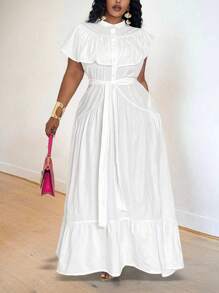 Slaydiva Elegant & Party & Gathering & Date Resort Casual Overall White Solid Color Stand Collar Partially Open Front Ruffled Patchwork Waist Tie Asymmetrical Hem Plus Size Dress - Z - White - View 3