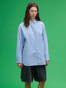 COUREZ 超大款长袖蓝色衬衫，Y2K复古风格，100%纯棉 - 藍色 - 查看 3