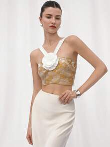 Aveloria Rosie Blusa recortada para mujer con escote en V sin tirantes, tela jacquard delicada de colores contrastantes elegantes y vintage franceses con estampado floral en floración