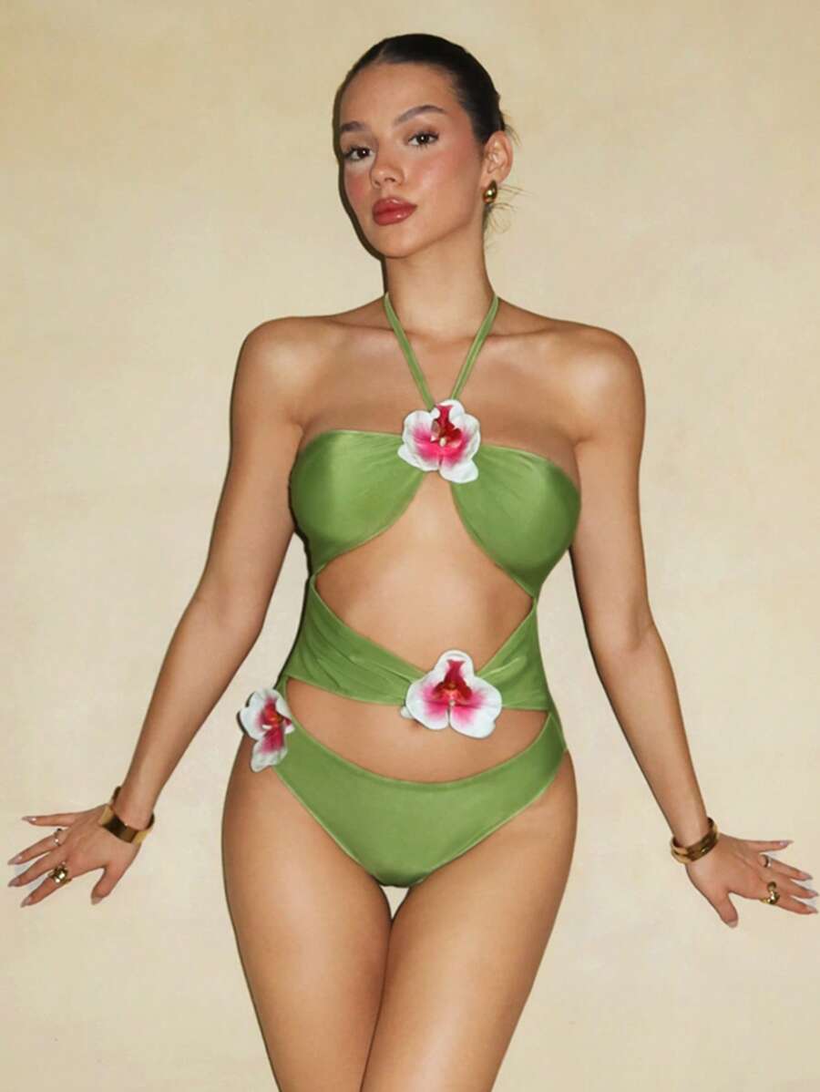 Swim Chiccia Spring Break Women's Beach Wear Summer Outfit, New European Style Solid Color Floral 3D Hollow Neck Beach Vacation One Piece Swimsuit, Festival Boho - Green - View 1