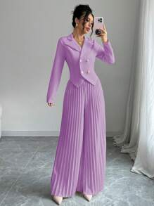 Elenzga Women's Elegant Ruffle Double-Breasted Long Sleeve Business Suit Set