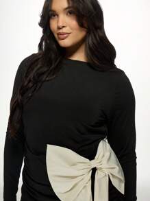 MISSGUIDED PLUS Plus Size Long Sleeve Mini Bodycon Dress Ruched Side Statement Bow Party Evening Holiday Special Occasion Form-Fitting Dress - Black and White - View 5