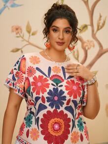 Travachic 大码度假休闲热带印花短袖宽松女士上衣衬衫 - 彩色 - 查看 5