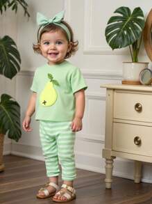 SHEIN 2 Stücke Set aus Baby Mädchen Lässig Rundhals Kurzarm Oberteil und Leggings mit Leoparden Schleife, geeignet für Frühling/Herbst