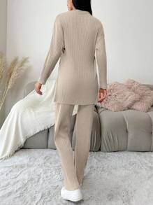 SHEIN PETITE Petite Women Casual Cotton Drop Shoulder Split Hem Tee & Pants - Beige - View 2