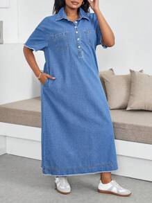 SHEIN Lady Plus Size Long Denim Casual Short Sleeve Dress, Blue Summer Vacation Outfits Woman 90s Clothes Spring Outfits For Women Y2k Clothes Cowgirl Outfits For Women Rave Spring Break Outfits Going Out Outfits Streetwear 2000s Style Concert Outfits Old Money Vegas Night Outfit Festival Outfits For Women Rave Outfits Festival Easter Women Birthday Outfits For Women Beach Outfits For Woman Boho Ibiza Fits Festival Outfits For Women - Blue - View 6