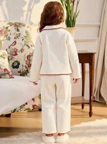 SHEIN 2pcs/Set Young Girl' Minimalist Cute Apricot Cherry Embroidered Long Pants And Loose Long Sleeve Homewear Set