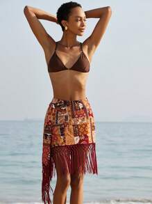 SHEIN Unity 波西米亚风民族印花流苏下摆裹身裙 - 彩色 - 查看 4