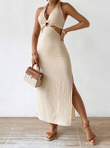 Chiquease Solid Color Cutout Halter Neck Dress With Textured Finish