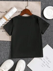 SHEIN Young Girl Casual Stylish Comfortable Simple Letter & Bow Pattern Short Sleeve T-Shirt, Spring/Summer - Black - View 2