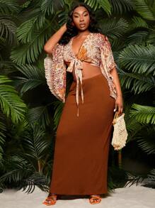 SHEIN SXY Set de 2 piese pentru femei plus size, cu top cu mâneci liliac și fustă tricotată, potrivit pentru ținute de zi cu zi, vacanță la plajă, întâlniri romantice, ziua de naștere, petrecere a burlacilor, drăguț, casual, cumpărături, streetwear, ieșiri în oraș, ușor de asortat și arată supl, îți accentuează corpul, flatează silueta - Portocale - Vizualizare 8