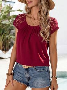 EMERY ROSE Women's Solid Color Lace Patchwork Short Sleeve Simple Casual Shirt - Burgundy - View 1