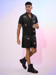 FeverCity Men's Casual Straight Leg Drawstring Shorts With Rhinestone Embellished Pockets - Black - View 3