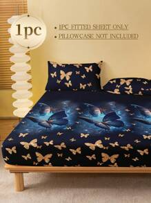 1Pc Gray Butterfly Flower Pattern Fitted Sheet, Tree Branches Mattress Protector, Valentine's Day Mattress Cover For Bed, Bed Sheet, Soft And Breathable, For All Size Bed -Twin, Full, King, Queen Size Sheet Deep Pocket Bed Sheets Home Textile - Navy Blue - View 4