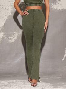 Vixey 高腰罗纹喇叭裤，女士街头服饰，女士休闲服饰，休闲套装 - 橄欖綠 - 查看 2
