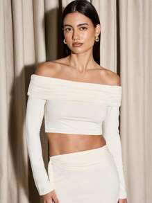 AiiRZ Elegant Off-Shoulder Crop Top And Mini Skirt Set Party Club Evening Bodycon Two-Piece Outfit With Long Sleeves Formal Event Wedding Guest Outfit - Apricot - View 5