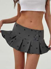 Aloruh Combo váy xếp ly cạp trễ thanh lịch, nơ xinh xắn, thêu tương phản, chống nhấp nháy, siêu ngắn, kèm quần short - Xám - Xem 1