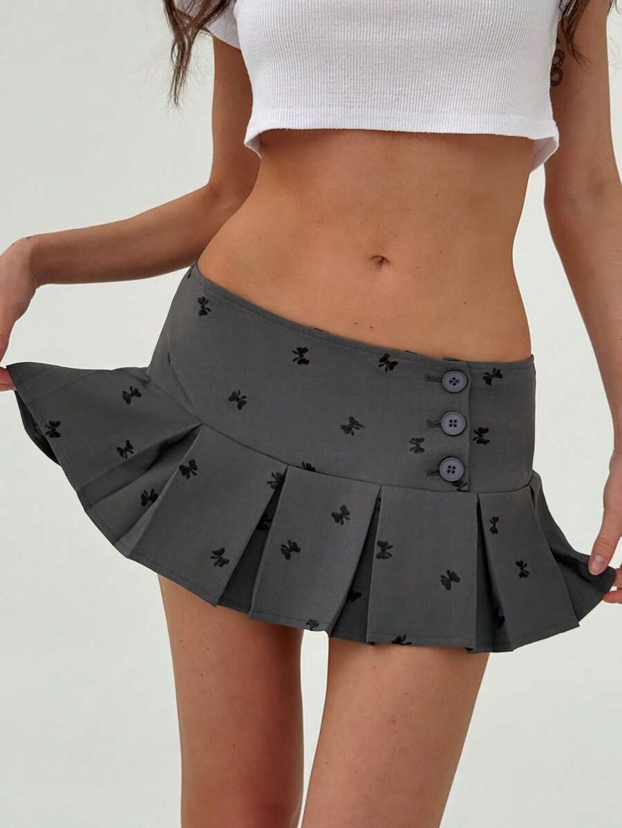 Aloruh Combo váy xếp ly cạp trễ thanh lịch, nơ xinh xắn, thêu tương phản, chống nhấp nháy, siêu ngắn, kèm quần short - Xám - Xem 1