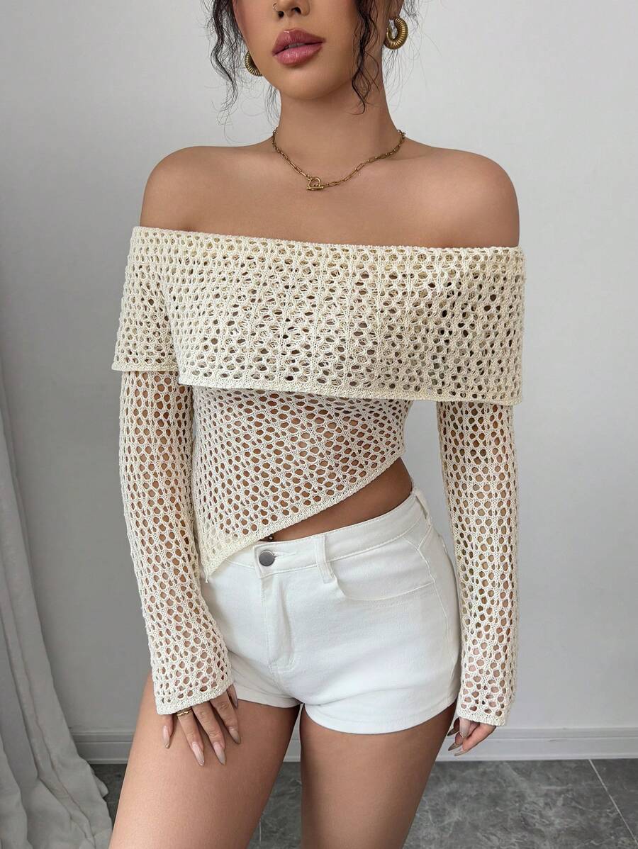 Elenzga 女士露肩镂空网眼针织不对称下摆套头毛衣秋冬毛衣