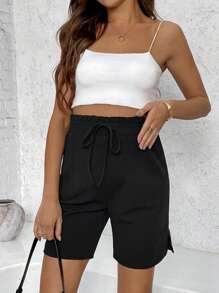 SHEIN Casual Black Ankle-Length Maternity Pants With Elastic Waistband, Side Pockets And Split Hem Design