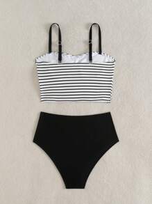 Swim Vcay Women Striped Spaghetti Strap Color Block Tankini Swimwear Set, Summer Beach Vacation