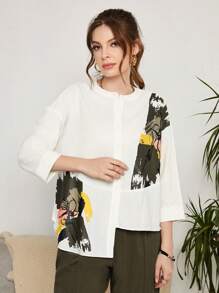 Mulvari Pantalones con blusa con estampado de pincelada de hombros caídos bajo asimétrico