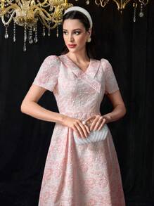 Modelyn Đầm nữ cổ chữ V tay ngắn họa tiết thanh lịch - trái cam - Xem 3