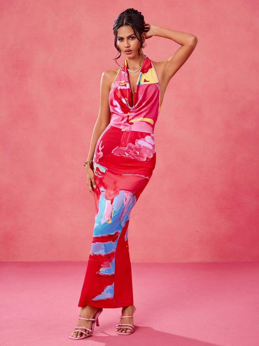 Eva Novielli 设计师抽象花卉印花吊带垂领露背弹力针织夏季超长太阳裙，热带风情，女士海滩，音乐会，优雅，度假，西装，波西米亚风，音乐会服装舞会礼服婚礼早午餐服装茶会礼服狂欢服装 - 彩色 - 查看 1