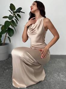 Firerie 女式缎面绒领领带衬衫上衣和褶皱长裙两件套，情人节/音乐会/表演服装/约会/宴会/舞蹈/婚礼季节/性感/优雅/通勤/返校季节/度假/海滩/浪漫 - 杏色 - 查看 2