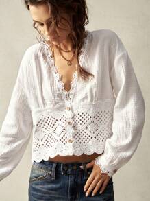 Bohemela Plus Size Solid V-Neck Long Sleeve Fitted Blouse,Vintage - White - View 2