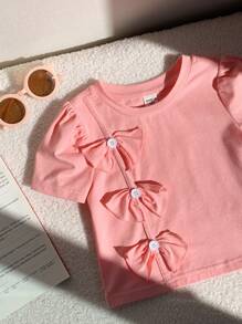 SHEIN Baby Girls Cute Pink Bowknot Short Sleeve Blouse For Summer - Pink - View 5