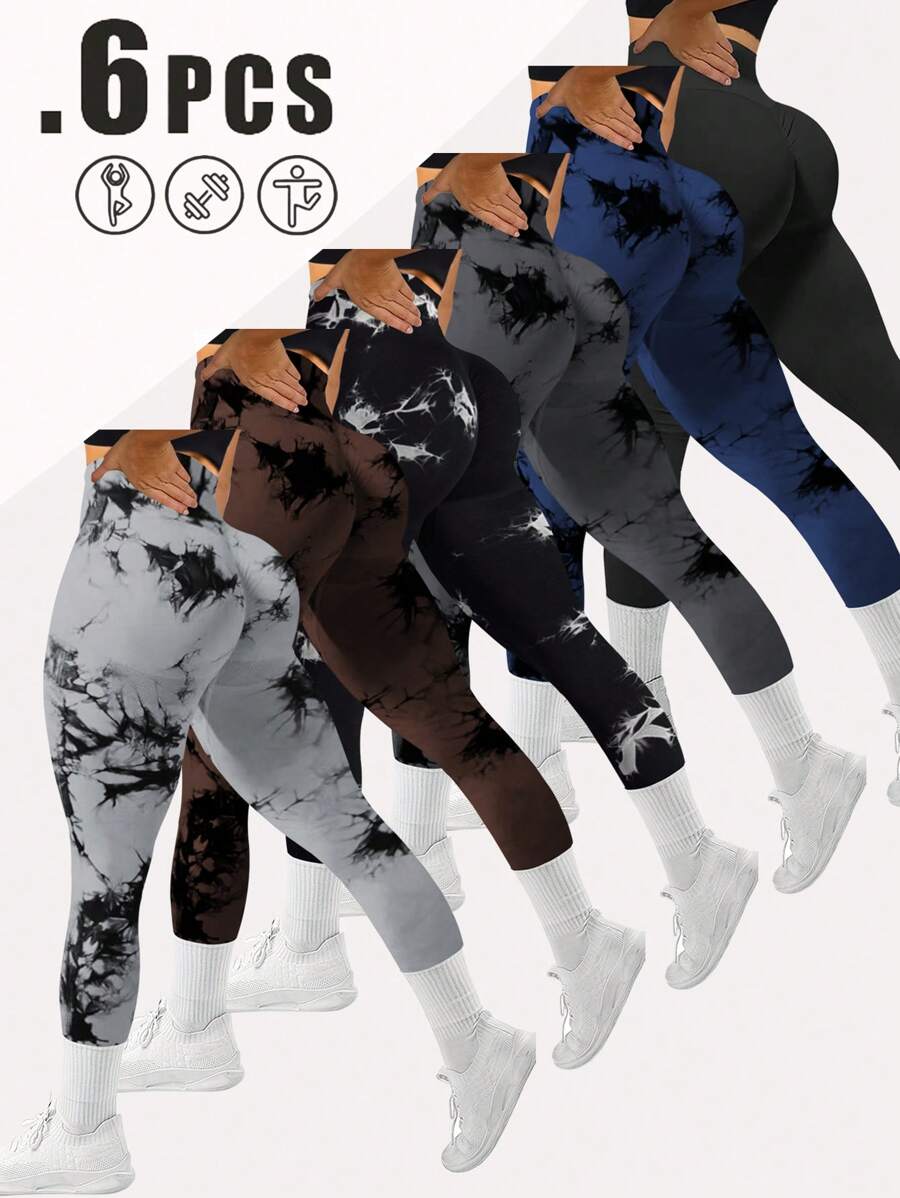 Easithlete 6pcs Seamless Knitted High Elastic Yoga/Sports Leggings, Comfortable For Workout - Multicolor - View 1