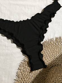 Swim Mod 女士纯色性感高弹力荷叶边下摆比基尼套装，适合度假 - 黑色 - 查看 4