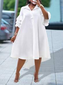 Slaydiva Women Solid Color Simple Casual Beach Short Sleeve Layered Ruffle Sleeve Shirt, Uneven Hem Mid-Length Dress,Graduation Dress - White - View 1