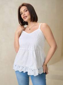 SHEIN Clasi Plus Size Elegant Solid Color Hollow-Out Embroidered Camisole - White - View 3